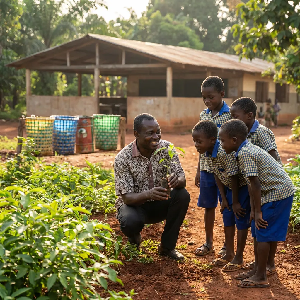 Enfants et un volontaire NCI examinant un globe terrestre et des plantes, illustrant une leçon d'écologie interactive au Bénin.