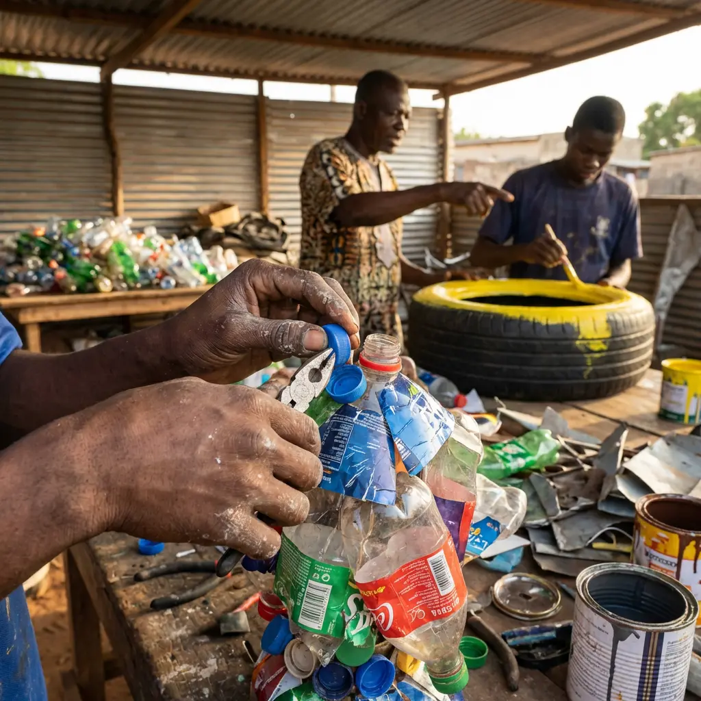 Artisanat réalisé à partir de matériaux recyclés au Bénin.